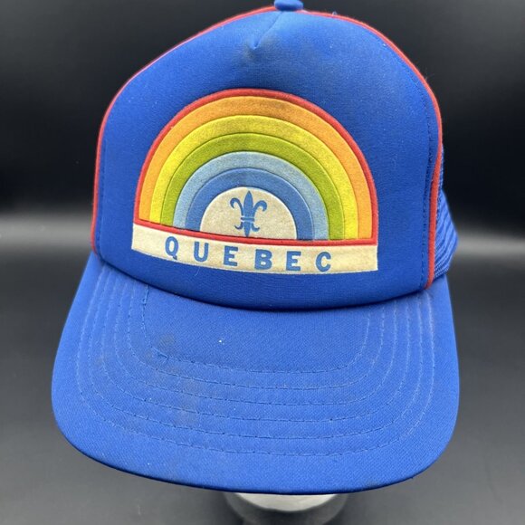 Vintage Rainbow Quebec Canada Retro Snapback Trucker's Hat Cap Mesh RARE Blue - Picture 2 of 12